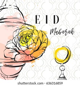 Hand drawn vector abstract freehand textured collage template greeting card with arabic pattern,latern,moon,graphic blooming flower and modern calligraphy Eid Mubarak isolated on pastel background