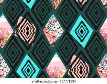 Hand drawn vector abstract freehand textured collage seamless pattern with spring flowers motif in pastel color isolated on colored background.Wedding,save the date,birthday,fashion fabric,decoration
