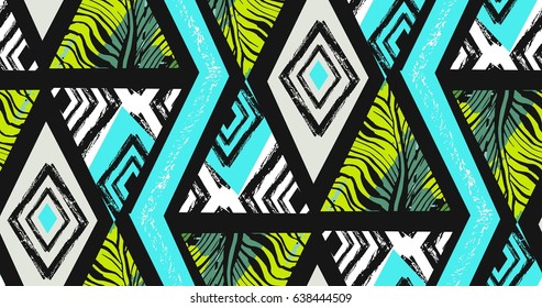 Hand drawn vector abstract freehand textured seamless tropical pattern collage with zebra motif,organic textures,triangles isolated on black background.Wedding,save the date,birthday,fashion decor