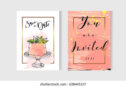 Hand drawn vector abstract freehand textured unusual save the date cards set template with cake stand design,flowers,lemon,golden frame and modern calligraphy in peach colors.Wedding,birthday,rsvp.