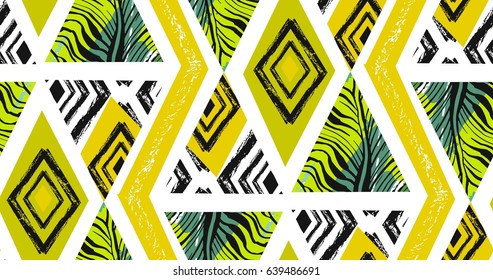 Hand drawn vector abstract freehand textured seamless tropical pattern collage with zebra motif, organic textures, triangles isolated on white background. Wedding, save the date, birthday, fashion decor.