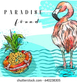 Hand drawn vector abstract freehand textured summer time art background with pineapple and pink flamingo in sea waves and calligraphy quote Paradise found isolated.Wedding,save the date,birthday.