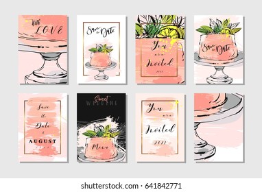 Hand drawn vector abstract freehand textured unusual save the date cards set template with cake stand design,flowers,lemon,golden frame and modern calligraphy in peach colors.Wedding,birthday,rsvp.