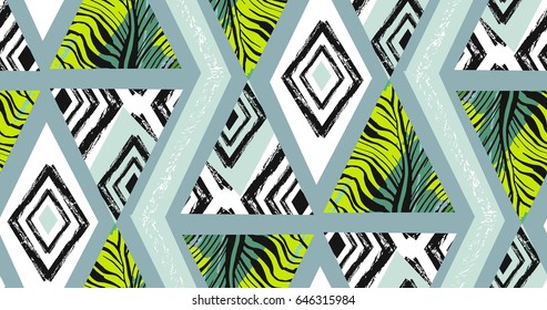 Hand drawn vector abstract freehand textured seamless tropical pattern collage with zebra motif,organic textures,triangles isolated on black background.Wedding,save the date,birthday,fashion decor.