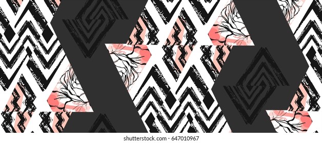 Hand drawn vector abstract freehand textured seamless pattern collage with zebra motif,organic textures,triangles isolated on black background.Wedding,save the date,birthday,fashion decoration