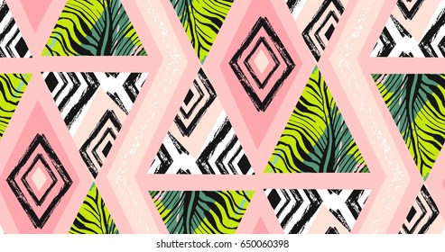 Hand drawn vector abstract freehand textured seamless tropical pattern collage with zebra motif,organic textures,triangles isolated on pastel background.Wedding,save the date,birthday,fashion decor.
