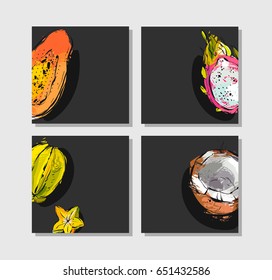 Hand drawn vector abstract freehand textured unusual cards set collection template with exotic tropical fruits papaya,dragon fruit,coconut and carambola isolated on black background.