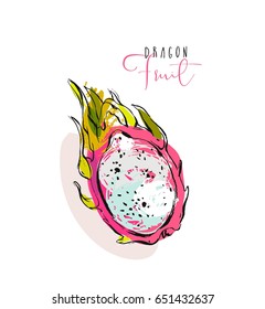 Hand drawn vector abstract freehand textured illustration with exotic tropical dragon fruit or pitaya isolated on white background.