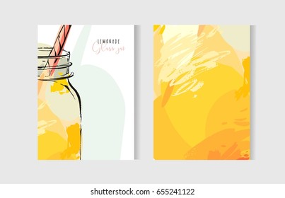 Hand drawn vector abstract freehand textured unusual cooking cards set template with lemonade glass jar in yellow colors isolated on white background.