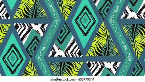 Hand drawn vector abstract freehand textured seamless tropical pattern collage with zebra motif,organic textures,triangles isolated on green background