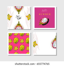 Hand drawn vector abstract freehand textured unusual tropical save the date cards set collection template with palm leaves,dragon fruit and carambola in bright colors isolated on white background.