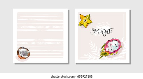 Hand drawn vector abstract freehand textured unusual tropical save the date cards set collection template with palm leaves,pitaya,coconut and carambola in bright colors isolated on white background.