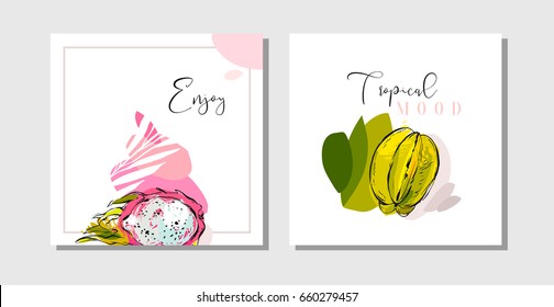 Vector Guardar dibujado a mano abstracto texturizado a mano alzada tropical inusual Las tarjetas de fecha establecen la Plantilla de colección con hojas de palma y frutas tropicales en colores brillantes aislados sobre fondo blanco.