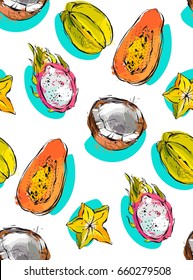 Hand drawn vector abstract freehand textured unusual seamless pattern with exotic tropical fruits papaya,dragon fruit,coconut and carambola isolated on white background
