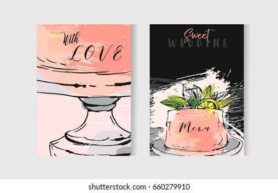Hand drawn vector abstract freehand textured unusual save the date cards set template with cake stand design,flowers,lemon,golden frame and modern calligraphy in peach colors.