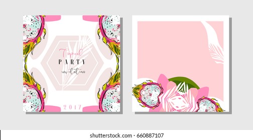 Hand drawn vector of an abstract freehand textured unusual tropical save the date cards set collection template with palm leaves and dragon fruit in bright colors isolated on white background.