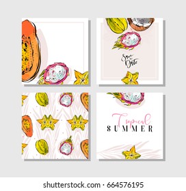 Hand drawn vector abstract freehand textured unusual tropical save the date cards set collection with palm leaves,dragon fruit,coconut,papaya and carambola isolated on white background.