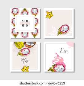 Hand drawn vector abstract freehand textured unusual tropical save the date cards set collection with palm leaves,dragon fruit,coconut and carambola in bright colors isolated on white background.