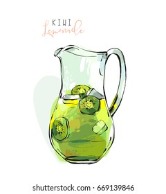 Hand drawn vector abstract freehand textured refreshing kiwi lemonade illustration in glass pitcher with lemons and ice cubes isolated on white background.