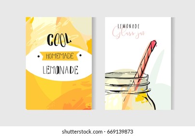 Hand drawn vector abstract freehand textured unusual cooking cards set template with lemonade glass jar and handwritten modern calligraphy quote in yellow colors isolated on white background.