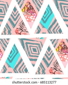 Hand drawn vector abstract freehand textured seamless pattern collage with zebra motif,organic textures,triangles and flowers isolated on white background.