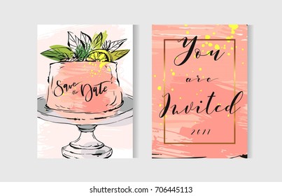 Hand drawn vector abstract freehand textured unusual save the date cards set template with cake stand design,flowers,lemon,golden frame and modern calligraphy in peach colors.