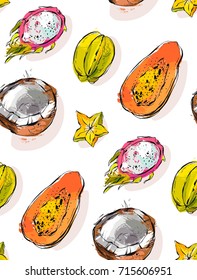 Hand drawn vector abstract freehand textured unusual seamless pattern with exotic tropical fruits papaya,dragon fruit,coconut and carambola isolated on white background