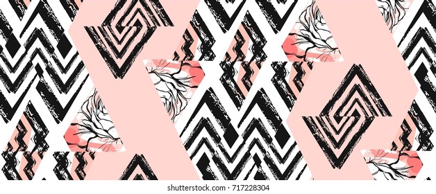 Hand drawn vector abstract freehand textured seamless pattern collage with zebra motif,organic textures,triangles isolated on pastel background.