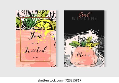 Hand drawn vector abstract freehand textured unusual save the date cards set template with cake stand design,flowers,lemon,golden frame and modern calligraphy in peach colors.