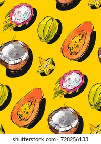 Hand drawn vector abstract freehand textured unusual seamless pattern with exotic tropical fruits papaya,dragon fruit,coconut and carambola isolated on yellow background.