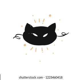 Hand drawn vector abstract fun Merry Christmas time cartoon doodle rustic festive illustration icon with cute holiday black cat mask isolated on white background