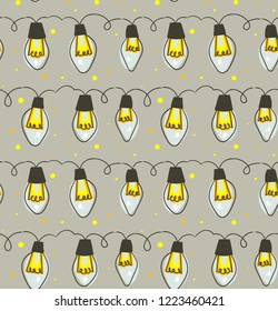 Hand drawn vector abstract fun Merry Christmas time cartoon rustic festive seamless pattern with cute illustrations of lights bulb garland isolated on grey background