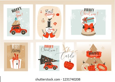 Hand drawn vector abstract fun Merry Christmas time cartoon illustrations greeting cards and backgrounds collection set with gift boxes,Christmas tree and calligraphy isolated on craft background