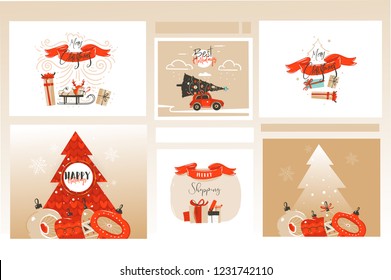 Hand drawn vector abstract fun Merry Christmas time cartoon illustrations greeting cards and backgrounds collection set with gift boxes,Christmas tree and calligraphy isolated on craft background