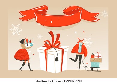 Hand drawn vector abstract fun Merry Christmas time cartoon illustration greeting card with happy xmas market people and red ribbon with copy space place isolated on craft background