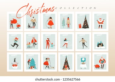 Hand drawn vector abstract fun Merry Christmas time cartoon illustrations greeting cards and backgrounds big collection set with gift boxes,people and Christmas tree isolated on craft background