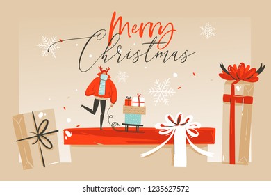 Hand drawn vector abstract fun Merry Christmas time cartoon illustration greeting card with happy xmas market people and Merry Christmas text isolated on craft background