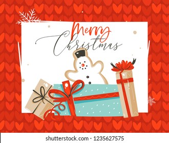 Hand drawn vector abstract fun Merry Christmas time cartoon illustration greeting card with Snowman gingerbread cookie and surprise gift boxes isolated on red knitted background