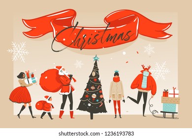 Hand drawn vector abstract fun Merry Christmas time cartoon illustration greeting card with happy xmas market people and red ribbon with Christmas text isolated on craft background
