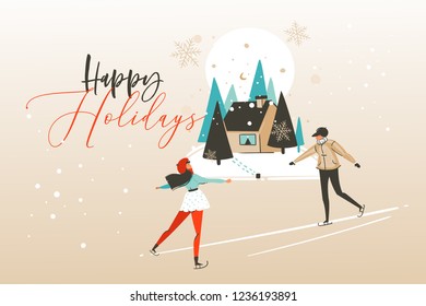 Hand drawn vector abstract fun Merry Christmas time cartoon illustration greeting card with happy xmas girl and boy ice skating in the forest with Happy holidays text isolated on craft background