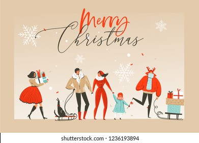 Hand drawn vector abstract fun Merry Christmas time cartoon illustration greeting card with happy xmas market people and red ribbon with Christmas typography isolated on craft background