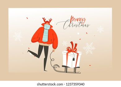 Hand drawn vector abstract fun Merry Christmas time cartoon illustration greeting card with happy xmas market people,presents and Merry Christmas typography text isolated on craft background