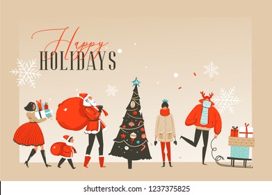Hand drawn vector abstract fun Merry Christmas time cartoon illustrations greeting card or landing page with happy xmas market people and copy space place for your text isolated on craft background
