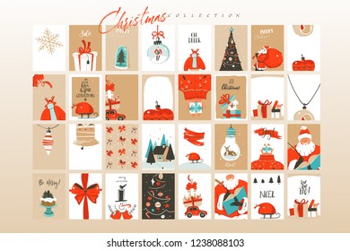 Hand drawn vector abstract fun Merry Christmas time cartoon illustrations greeting cards template and backgrounds big collection set with gift boxes,people and Xmas tree isolated on white background