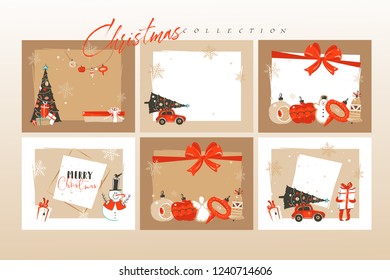 Hand drawn vector abstract fun Merry Christmas time cartoon illustrations greeting cards template and backgrounds big collection set with gift boxes,people and Xmas art isolated on white background