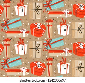 Hand drawn vector abstract fun Merry Christmas and Happy New Year time cartoon rustic festive seamless pattern with cute illustration of surprise gift boxes and confetti isolated on pastel background