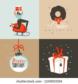 Hand drawn vector abstract fun Merry Christmas and Happy New Year time cartoon illustration greeting card with xmas surprise gift boxes,boy and Merry Christmas text isolated on colored background