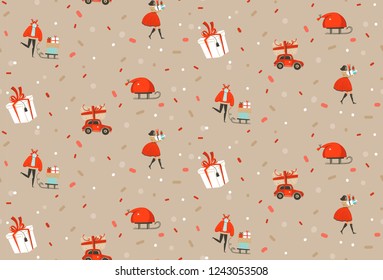 Hand drawn vector abstract fun Merry Christmas and Happy New Year time cartoon rustic festive seamless pattern with cute illustrations of Xmas people and gift boxes isolated on pastel background