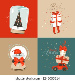 Hand drawn vector abstract fun Merry Christmas and Happy New Year time cartoon illustration greeting card with xmas surprise gift boxes,child and Merry Christmas text isolated on colored background