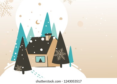 Hand drawn vector abstract fun Merry Christmas and Happy New Year time cartoon illustration greeting card with winter landscape and cozy home in forest isolated on craft background